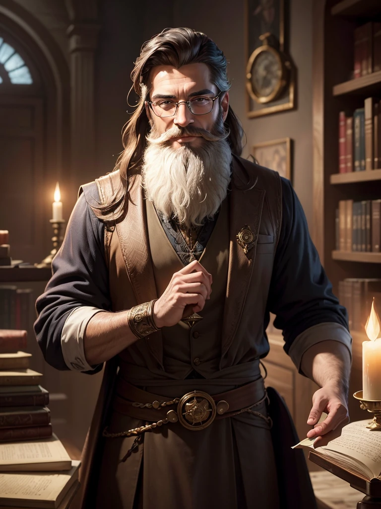 ((High quality)), ((work of art)), 8K,a charismatic librarian with circular glasses and a wizard's outfit, sporting a well-groomed beard (barba), dark hair, and a warm smile, is the main focus of the image. In the background, an intriguing library tecnologic alchemy scene is subtly hinted at, adding depth and mystery to the piece. The hyperrealistic style is enhanced, making every detail incredibly sharp and defined. The perfectionism and award-winning realism are evident in the ambient lighting that softly illuminates the scene, providing a sense of depth and three-dimensionality.