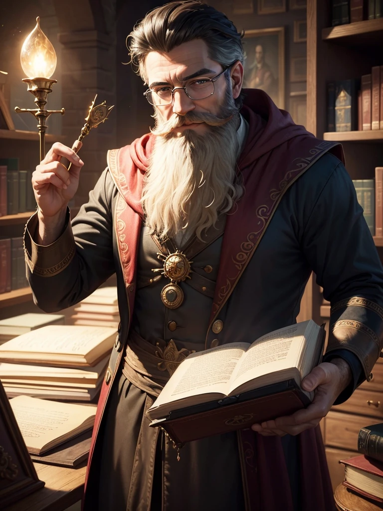 ((High quality)), ((work of art)), 8K,a charismatic librarian with circular glasses and a wizard's outfit, sporting a well-groomed beard (barba), dark hair, and a warm smile, is the main focus of the image. In the background, an intriguing library tecnologic alchemy scene is subtly hinted at, adding depth and mystery to the piece. The hyperrealistic style is enhanced, making every detail incredibly sharp and defined. The perfectionism and award-winning realism are evident in the ambient lighting that softly illuminates the scene, providing a sense of depth and three-dimensionality.