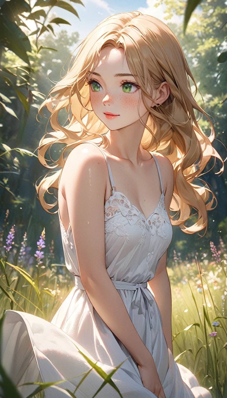 (32k, high detail, high-detalization, masterpiece, attention to detail, full body), Raw photo & realistic atmosphere, beautiful green eyes, almond-shaped, expressive and deep, soft full lips with a natural rosy tint, arched and well-defined eyebrows, elegant nose with a gentle curve, very beautiful and serene face, lifelike and delicate, smooth fair skin with a light dusting of freckles across the nose and cheeks, subtle glow.
Long, wavy golden blonde hair, cascading down her back in loose waves, slightly tousled, giving a natural and effortless look.
Slender and graceful figure, with a narrow waist and gently curved hips. Wearing a flowing white summer dress with intricate lace details, cinched at the waist with a delicate ribbon, the skirt fluttering gently in the breeze.
Standing barefoot in a sunlit meadow, surrounded by tall grasses and wildflowers. The background features a clear blue sky with soft, fluffy clouds. Sunlight filters through the trees, casting dappled light and shadows on the scene.
Her expression is calm and content, with a gentle smile playing on her lips. She looks off into the distance, lost in thought, creating a serene and peaceful atmosphere.
Camera angle is eye-level, capturing her full figure from a slight distance to include the beautiful surroundings. High detail in skin, hair, and fabric textures. Soft, natural lighting enhances the overall warmth and tranquility of the image.