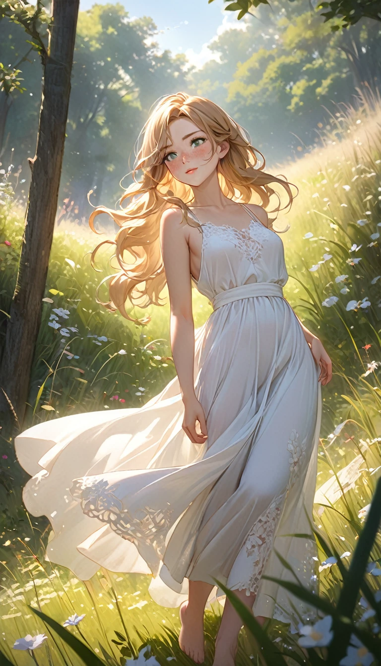 (32k, high detail, high-detalization, masterpiece, attention to detail, full body), Raw photo & realistic atmosphere, beautiful green eyes, almond-shaped, expressive and deep, soft full lips with a natural rosy tint, arched and well-defined eyebrows, elegant nose with a gentle curve, very beautiful and serene face, lifelike and delicate, smooth fair skin with a light dusting of freckles across the nose and cheeks, subtle glow.

Long, wavy golden blonde hair, cascading down her back in loose waves, slightly tousled, giving a natural and effortless look.

Slender and graceful figure, with a narrow waist and gently curved hips. Wearing a flowing white summer dress with intricate lace details, cinched at the waist with a delicate ribbon, the skirt fluttering gently in the breeze.

Standing barefoot in a sunlit meadow, surrounded by tall grasses and wildflowers. The background features a clear blue sky with soft, fluffy clouds. Sunlight filters through the trees, casting dappled light and shadows on the scene.

Her expression is calm and content, with a gentle smile playing on her lips. She looks off into the distance, lost in thought, creating a serene and peaceful atmosphere.

Camera angle is eye-level, capturing her full figure from a slight distance to include the beautiful surroundings. High detail in skin, hair, and fabric textures. Soft, natural lighting enhances the overall warmth and tranquility of the image.
