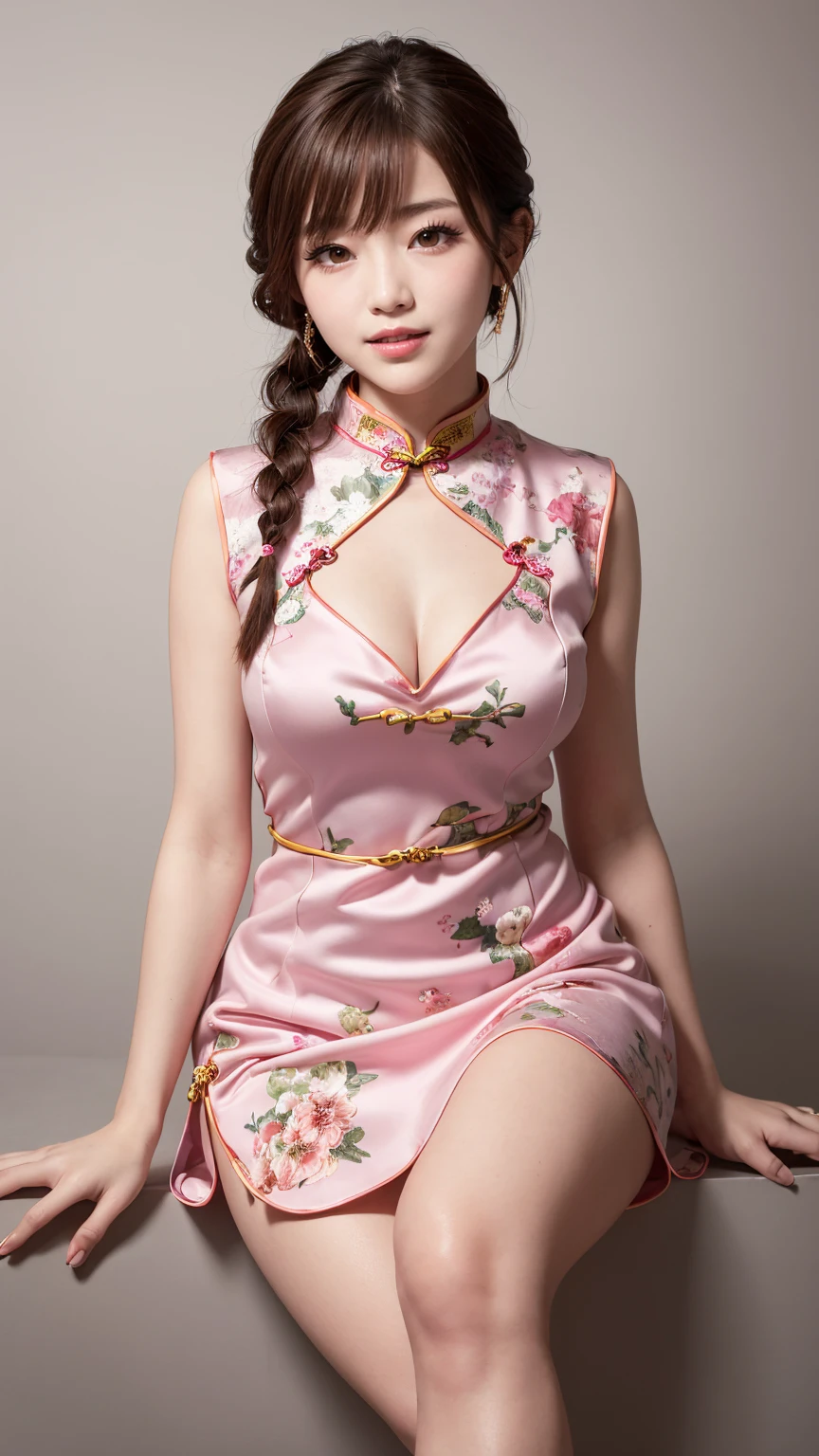 Realistic, masterpiece, Highest quality, Highest Resolution, Anatomically correct, Accurate Anatomy, One Japanese woman, Smile and show your teeth a little., Fine and beautiful eyes, Sparkling eyes, Thin eyebrows, Gives lashes a delicate finish, False eyelashes, (Chinese traditional makeup:1.2), (Braided hair, Blunt bangs, Brown Hair:1.2), Detailed face, Sharp Eyes, (Classic pink cheongsam, Cleavage:1.3), (Thick thighs:1.3), Photo taken from the thigh up, Blank background in warm colors