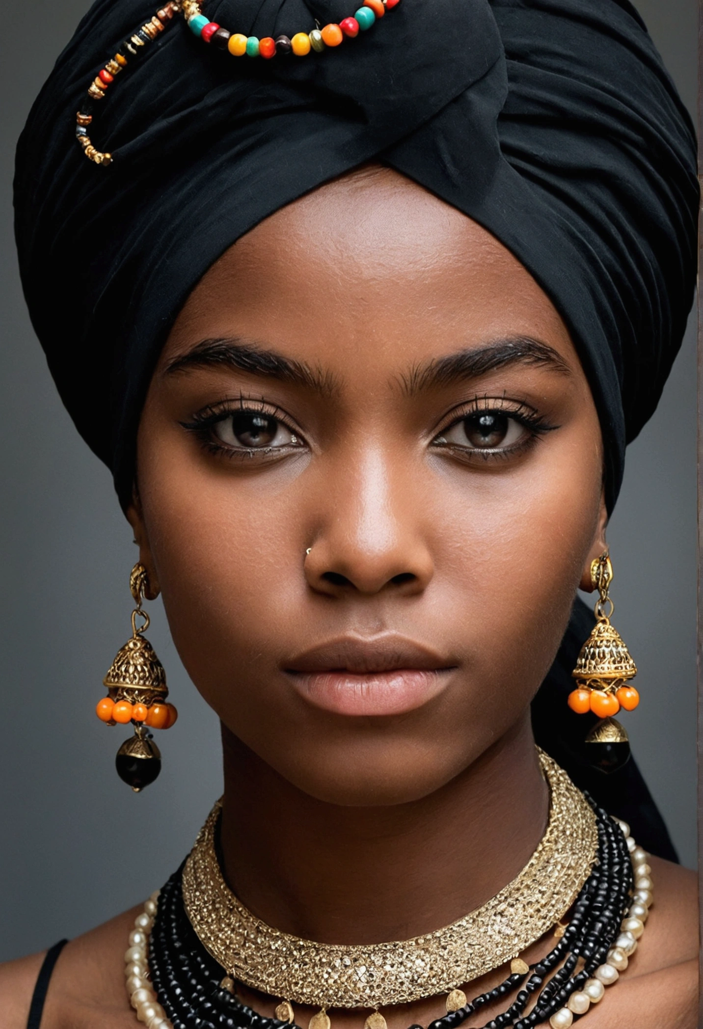 Portrait d’une jeune femme noire de l’ethnie Mélanésiens , look dramatique, avec colliers et turban coloré sur la tête, hyper détaillé, détails, Hyper-résolution.