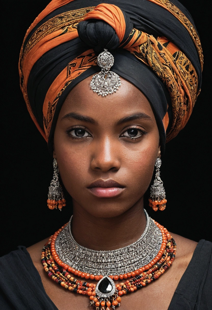 Portrait d’une jeune femme noire de l’ethnie Mélanésiens , look dramatique, avec colliers et turban coloré sur la tête, hyper détaillé, détails, Hyper-résolution.