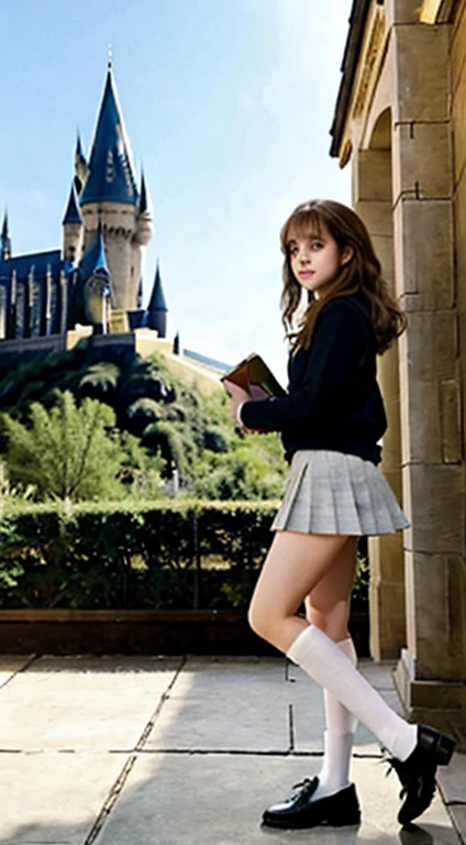  Hermoine Granger ass Hogwarts uniform., mini skirt,  white pantyhose, walking with his books , patio the Hogwarts,  bright sunny day 