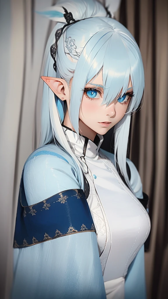 a woman with white hair and elf ears,with cyan blue eyes, (アニメ)