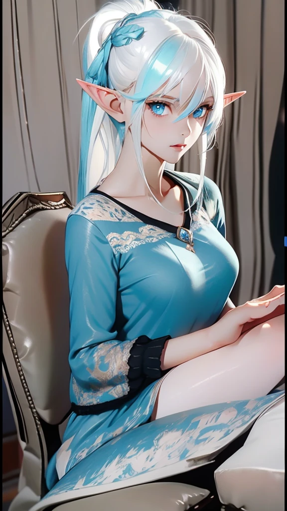 a woman with white hair and elf ears,with cyan blue eyes,  (アニメ)
