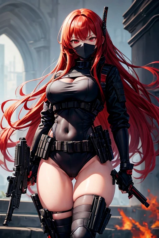 A redhead girl, red eyes, busty, firm thighs, beautiful body, Long hair, black combat suit, Black mask,2 katanas sheathed on his back and an assault rifle in his hands, He carries a short gun with magazines and two knives. 