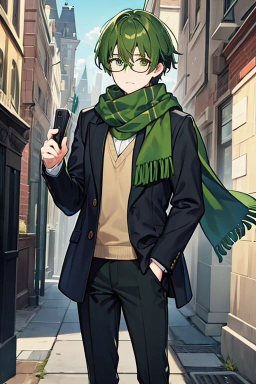 man, dark green hair, With glasses, green scarf, black jacket and green shirt