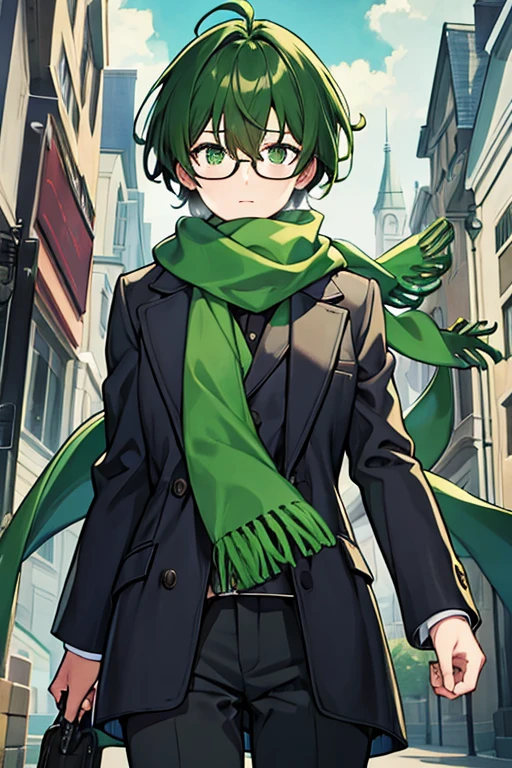 man, dark green hair, With glasses, green scarf, black jacket and green shirt