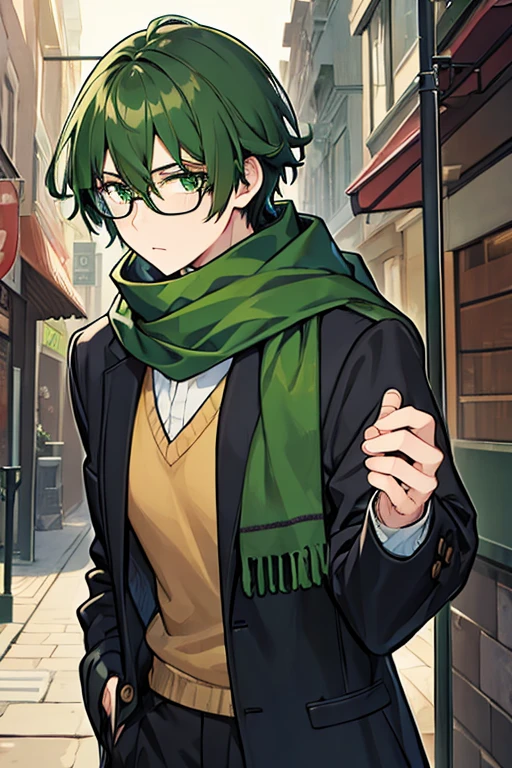 man, dark green hair, With glasses, green scarf, black jacket and green shirt 