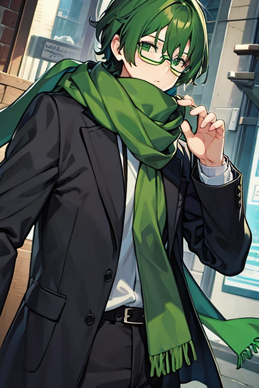 man, dark green hair, With glasses, green scarf, black jacket and green shirt