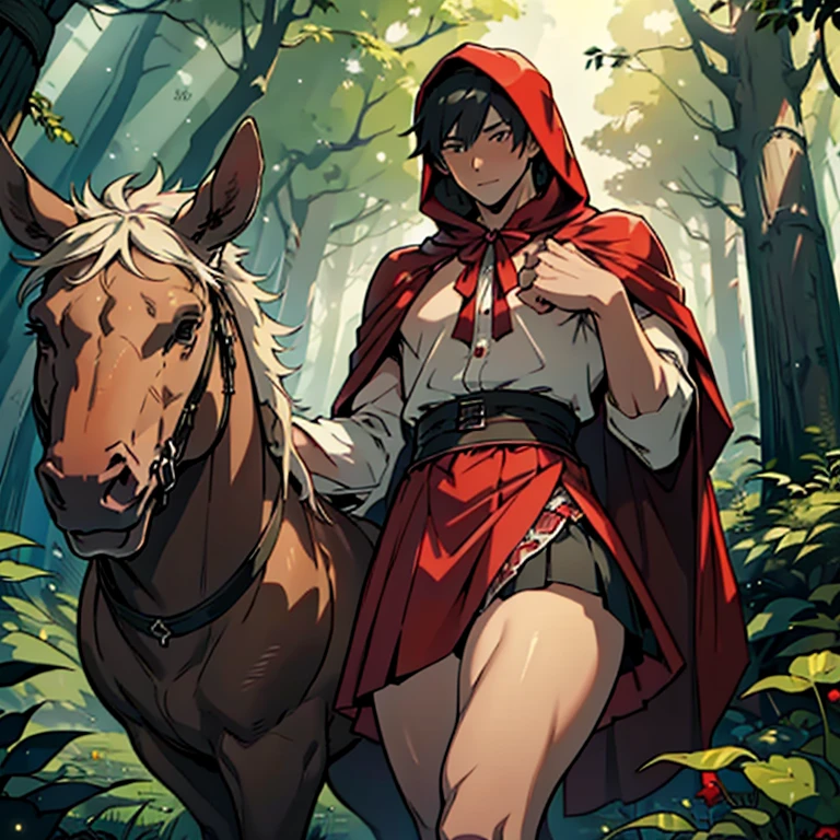 ((A male innocent version of red riding hood wearing short minimerotic dress)), NSFW, hentai, he is on his way to his grandma, (beautiful fairytale forest setting), he is lewd and lifting his skirt, ((bulge under the mini skirt)), 