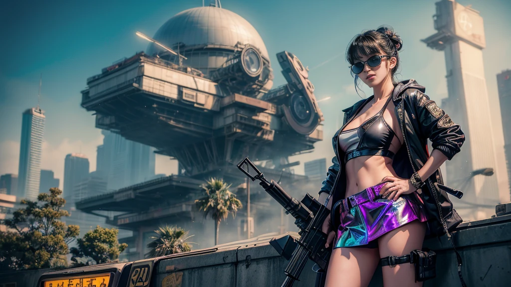 8k, Realistic Skin Texture, Realistic Photo, Neo Tokyo, slim women, large-breast:1.3 cleavage:1.2, AD2050 at night, Dirty hunting jacket, Wearing tube top, miniskirt, (((black sunglasses, automatic rifle, sneakers, cold, shooting pose, very low angle view))), Innovative composition, revenge, cyberpunk, blade runner worldview, Large neon sign, Geisha hologram sign, Strong Wakamoto Sign.