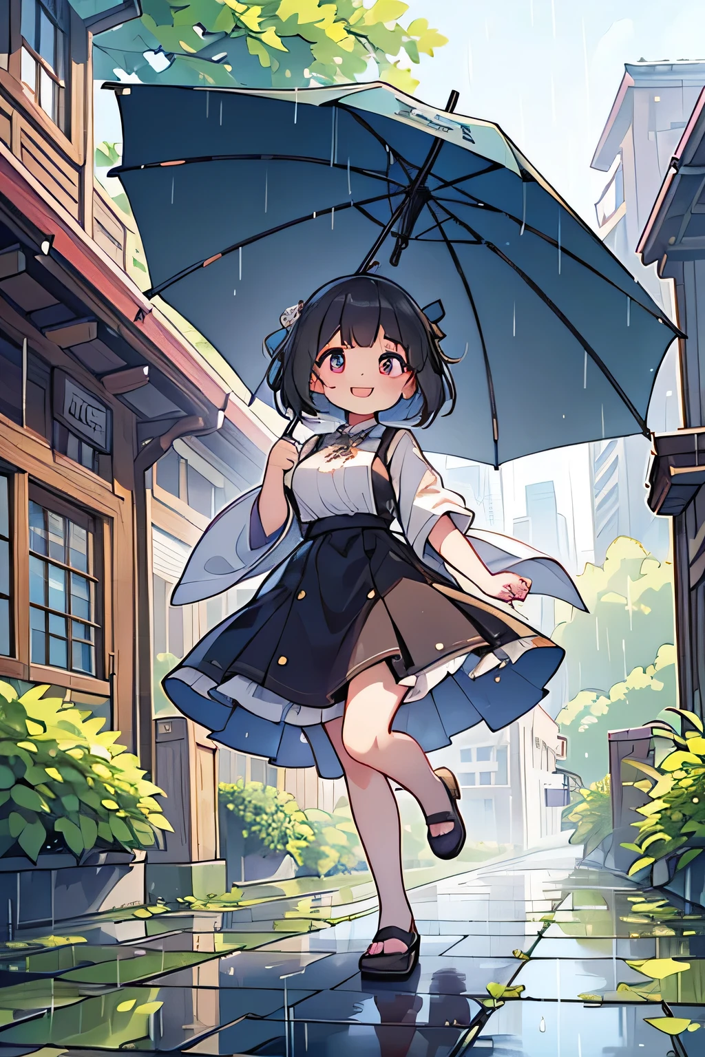 Highest quality、High resolution、Detailed Background、Artistic、mysterious、(Beautiful face in every detail:1.4)、Anatomically correct、(Normal number of fingers:1.2)、(Highly detailed face:1.2)、(Detailed eyes)、Teenage beauty、(Huge breasts:1.2)、Perfect body line、Light color hair、Braided bob cut、ponytail、Wavy Hairstyle、well-groomed eyebrows、
(A beautiful girl with a big smile on her face against the backdrop of a cityscape after the rain:1.5)、
On the asphalt after the rain、Fresh green leaves are reflected、Wood in the valley between skyscrapers々The leaves sway as if taking a deep breath.、The rhythm of the raindrops changes into the chirping of birds, and the whole town becomes lively.、It's like a green oasis has appeared in the city's concrete jungle.、
The young leaves shine against the backdrop of the buildings, adding color to the urban landscape.、The air after the rain is cool and comfortable、The steam rising from the asphalt mixes with the refreshing scent of new green leaves.、Reflected in the windows of a skyscraper、Sky after the rain and green wood々It's vivid to the eye、
The hustle and bustle of the city is enveloped in the chirping of birds and the murmuring of streams.、It sounds somehow nostalgic、
wood々The sound of raindrops running down the leaves and the sound of feet walking on the wet road create a pleasant rhythm.、
The cityscape shines as if it has been reborn.、
My heart, which had been feeling suffocated, felt a great sense of relief when I saw this scenery.、
You can feel the power of nature even in the hustle and bustle of the city.、cute
