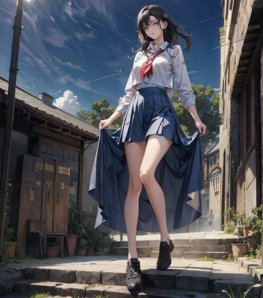 absurdres, RAW photo, extremely delicate and beautiful, masterpiece, Best Quality, ultra high resolution, 32k, hyperrealistic, ultra-detailed, Very detailed CG 8k wallpaper, detailed background, landscape, Beautiful Lighting, Perfect Lightning, Realistic Shadows, perfect anatomy, anatomically correct, ideal ratio body proportions, perfect figure, Perfect Style, Perfect balance, super Detailed skin, in her 30s, very Slim body, narrow waist, very small head, very small face, delicate facial features, handsome detailed woman, very detailed eyes and face, realistic face proportions, Realistic beautiful face, Realistic beautiful eyes, tearful mole, earring, whole body shot, very huge round tits, medium hair, asymmetrical hair, wavy hair, tennis uniform, shirt, skirt, 