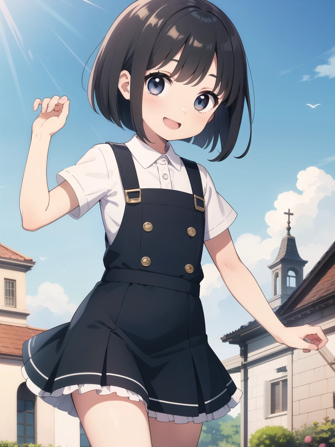 master,piece,best quality,Small and cute 、、Black Hair、Bob Hair、smile、Ruffled pinafore skirt、Town