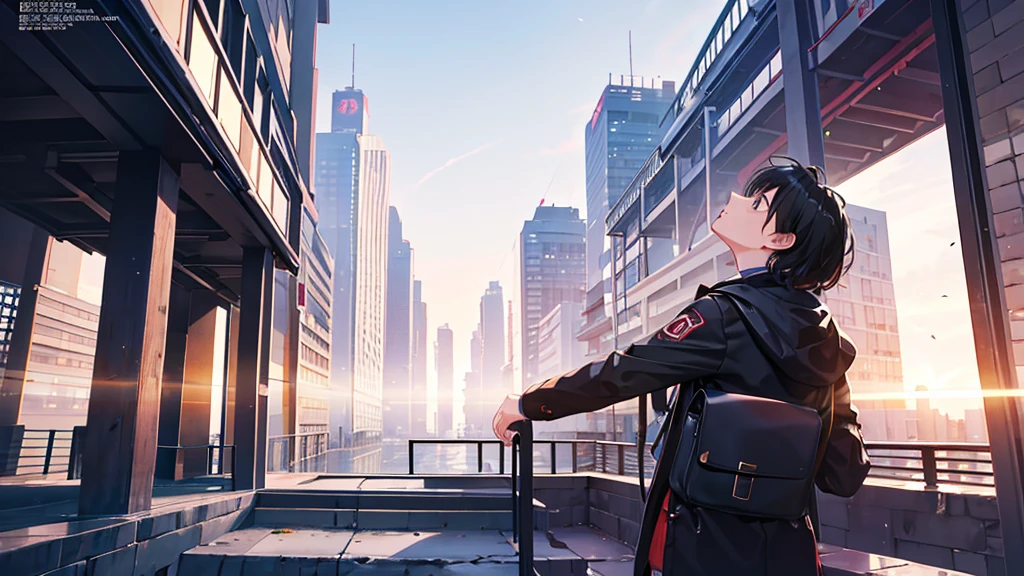 8K , best quality:2 , masterpiece:2 , BREAK , official art , BREAK , back view ,(looking up:1.5) , (20 years old) ,a man , BREAK , countless Skyscraper:1.8 , sky, city , BREAK, Volumetric lighting