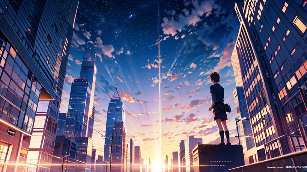 8K , best quality:2 , masterpiece:2 , BREAK , official art , BREAK , back view ,(looking up:1.5) , (20 years old) ,a man , BREAK , countless Skyscraper:1.8 , sky, city , BREAK, Volumetric lighting