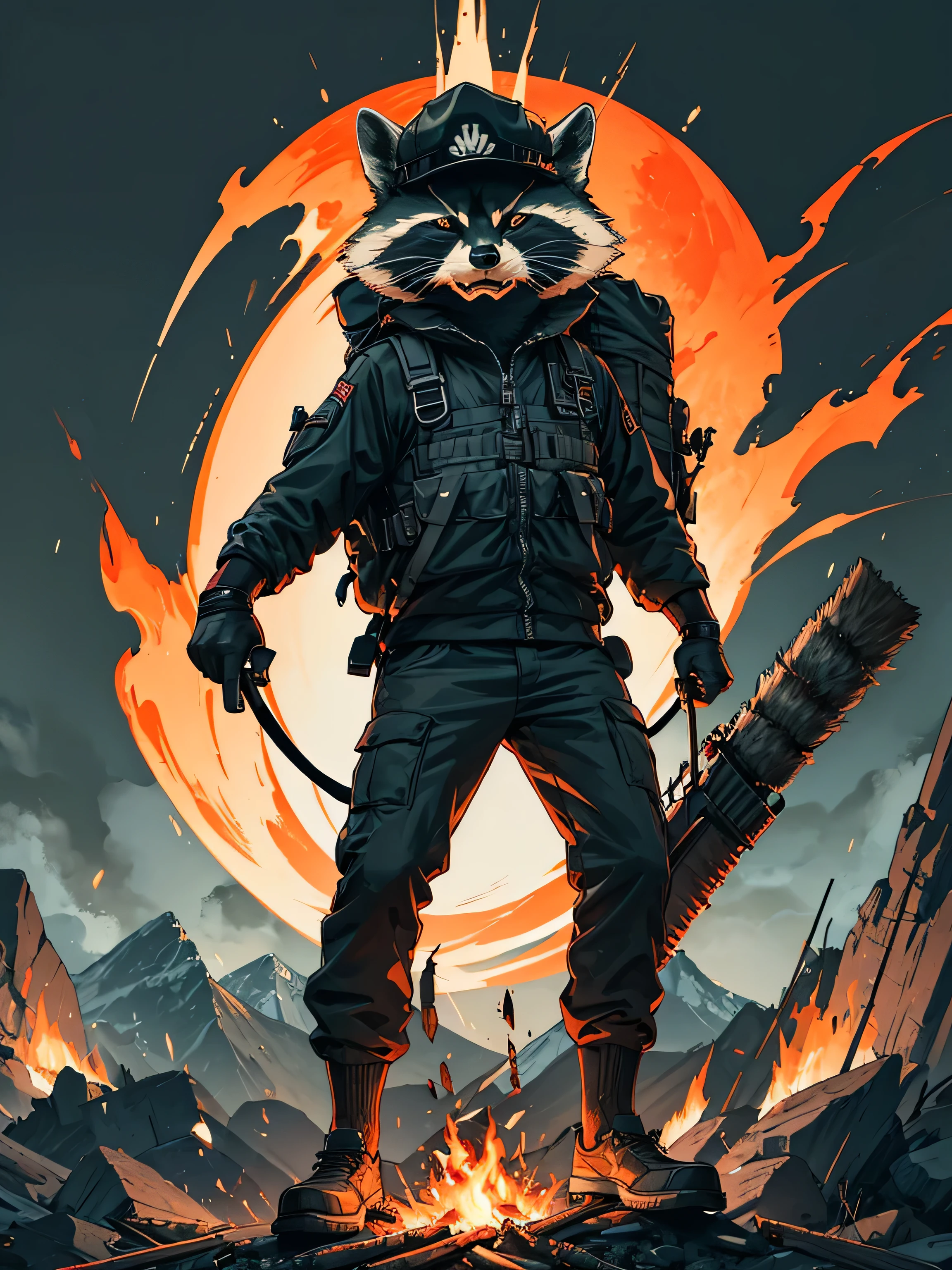 rage racoon illustration, angry face, campfire, wearing black bicycle cap, military backpack, full body shot, 8K, Hi-Res, UltraSharp