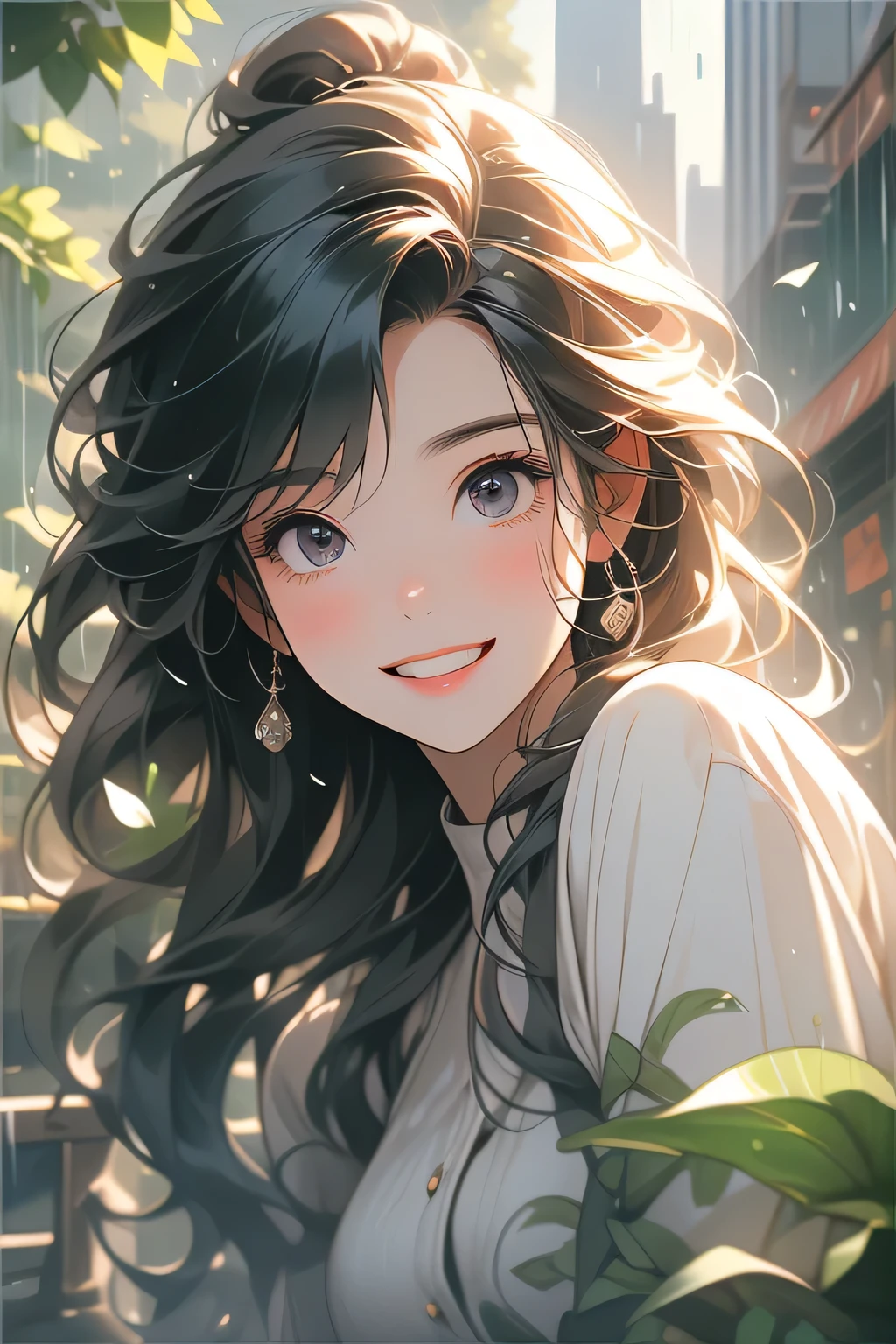 Highest quality、High resolution、Detailed Background、Artistic、mysterious、(Beautiful face in every detail:1.4)、Anatomically correct、(Normal number of fingers:1.2)、(Highly detailed face:1.2)、(Detailed eyes)、Teenage beauty、(Huge breasts:1.2)、Perfect body line、Light color hair、Braided bob cut、ponytail、Wavy Hairstyle、well-groomed eyebrows、

(A beautiful girl with a big smile on her face against the backdrop of a cityscape after the rain:1.5)、

On the asphalt after the rain、Fresh green leaves are reflected、Wood in the valley between skyscrapers々The leaves sway as if taking a deep breath.、The rhythm of the raindrops changes into the chirping of birds, and the whole town becomes lively.、It&#39;s like a green oasis has appeared in the city&#39;s concrete jungle.、
The young leaves shine against the backdrop of the buildings, adding color to the urban landscape.、The air after the rain is cool and comfortable、The steam rising from the asphalt mixes with the refreshing scent of new green leaves.、Reflected in the windows of a skyscraper、Sky after the rain and green wood々It&#39;s vivid to the eye、

The hustle and bustle of the city is enveloped in the chirping of birds and the murmuring of streams.、It sounds somehow nostalgic、
wood々The sound of raindrops running down the leaves and the sound of feet walking on the wet road create a pleasant rhythm.、
The cityscape shines as if it has been reborn.、
My heart, which had been feeling suffocated, felt a great sense of relief when I saw this scenery.、
You can feel the power of nature even in the hustle and bustle of the city.、cute