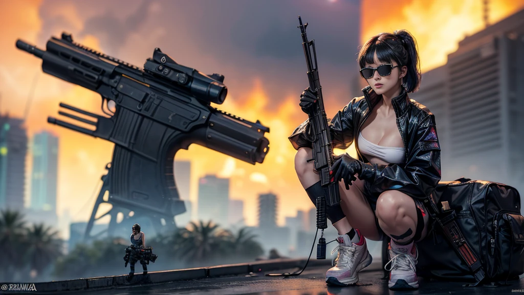 8k, Realistic Skin Texture, Realistic Photo, Neo Tokyo, slim women, large-breast:1.3 cleavage:1.2, AD2050 at night, Dirty hunting jacket, Wearing tube top, miniskirt, (((black sunglasses, automatic rifle, sneakers, cold, shooting pose, very low angle view))), Innovative composition, revenge, cyberpunk, blade runner worldview, Large neon sign, Geisha hologram sign, Strong Wakamoto Sign.