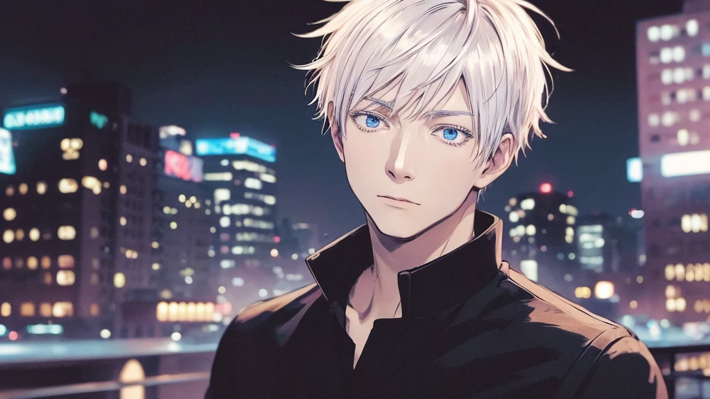 /imagine prompt: A portrait of Gojo Satoru, standing confidently, white hair flowing, blue eyes glowing, straight-on view. Background of a modern urban landscape at night. Neon lights reflecting off buildings, shadows enhancing his features, dramatic lighting, high contrast, hd quality, anime style, detailed line work, soft shading, dynamic lighting, vibrant colors, cinematic composition, --ar 2:3 --v 6.0