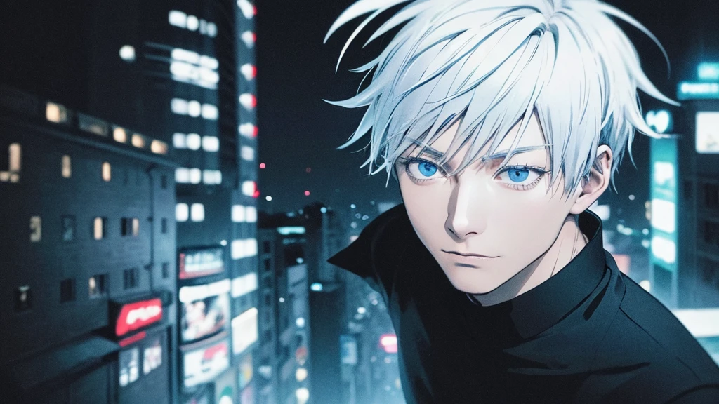 /imagine prompt: A portrait of Gojo Satoru, standing confidently, white hair flowing, blue eyes glowing, straight-on view. Background of a modern urban landscape at night. Neon lights reflecting off buildings, shadows enhancing his features, dramatic lighting, high contrast, hd quality, anime style, detailed line work, soft shading, dynamic lighting, vibrant colors, cinematic composition, --ar 2:3 --v 6.0