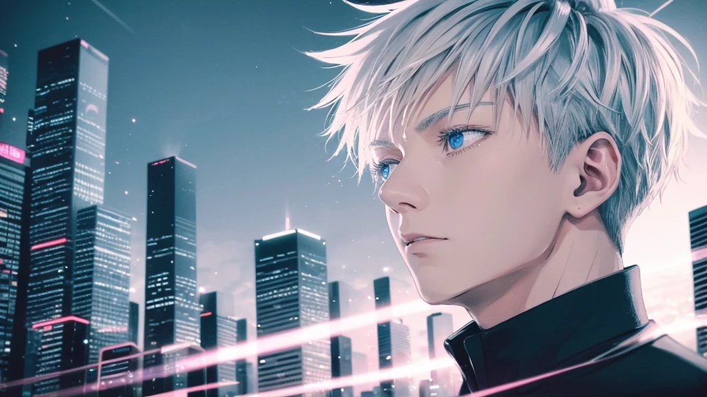 /imagine prompt: A portrait of Gojo Satoru, standing confidently, white hair flowing, blue eyes glowing, straight-on view. Background of a modern urban landscape at night. Neon lights reflecting off buildings, shadows enhancing his features, dramatic lighting, high contrast, hd quality, anime style, detailed line work, soft shading, dynamic lighting, vibrant colors, cinematic composition, --ar 2:3 --v 6.0