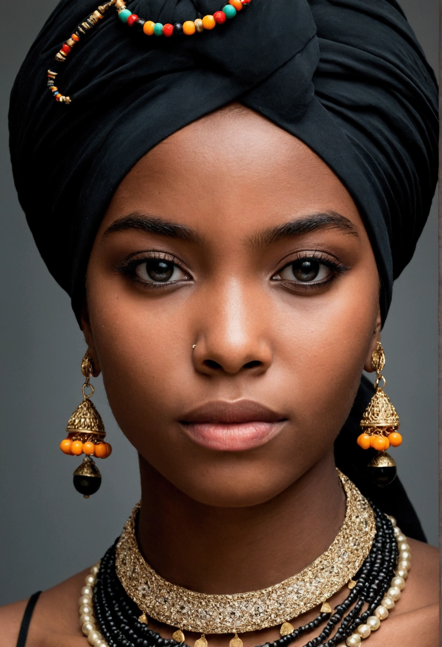 Portrait d’une jeune femme noire de l’ethnie Mélanésiens , look dramatique, avec colliers et turban coloré sur la tête, hyper détaillé, détails, Hyper-résolution.