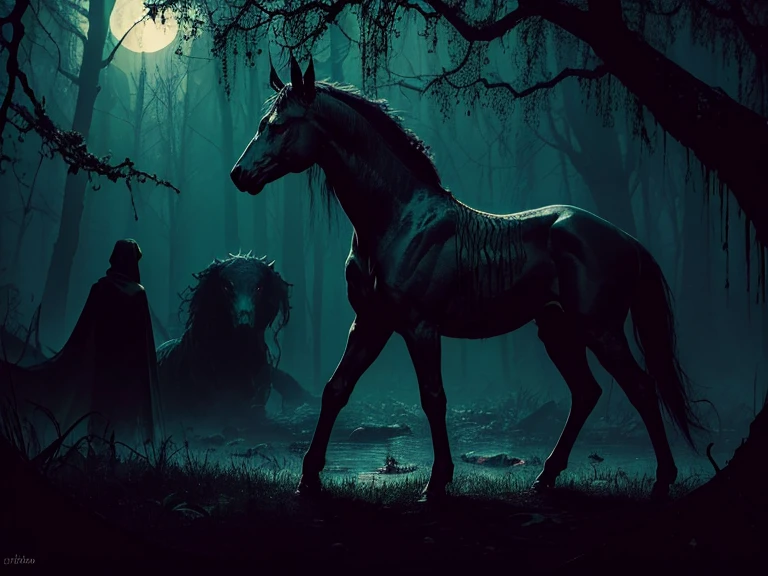 An eerie and sinister painting by Stefan Koidi of a stinky boggy swamp at midnight. A chorus of croaking bullfrogs and chirping insects travel loudly through the thick, hot and humid air as a full moon hangs low bathing the portentous scene in an ominous and haunting glow. Standing next to the waters edge is a large, malevolent black Kelpie horse; a trecheous water spirit creature from Scottish Celtic folklore. With its body faced forward, toward the water-it's head is turned slightly to its left, facing the viewer and glarring with an intense, piercing gaze from its vivid, glowing red eyes that instill feelings of unsurmountable terror and dread to all who meet the beasts' gaze. The horse Kelpie's flesh is rife with spots of sickening necrosis- large chunks of rotton flesh falling off and revealing leg bones, the ribcage, and a partially skeletal jawline. Twisted vines snake their way up crooked gnarled trees adorned with spanish moss and luminescent fungi clings to trunks of saturated trees, casting a baleful, sickly green glow upon the otherworldly place emphasizing the detailed horror elements, enhancing the haunting ambiance, creating a chilling scene.