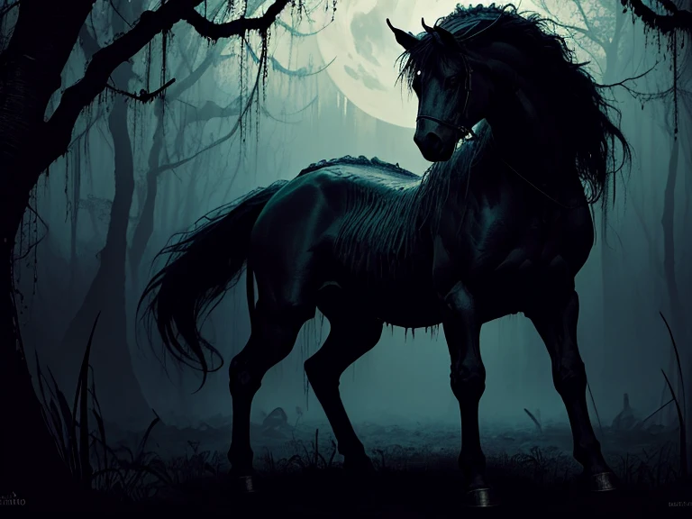An eerie and sinister painting by Stefan Koidi of a stinky boggy swamp at midnight. A chorus of croaking bullfrogs and chirping insects travel loudly through the thick, hot and humid air as a full moon hangs low bathing the portentous scene in an ominous and haunting glow. Standing next to the waters edge is a large, malevolent black Kelpie horse; a trecheous water spirit creature from Scottish Celtic folklore. With its body faced forward, toward the water-it's head is turned slightly to its left, facing the viewer and glarring with an intense, piercing gaze from its vivid, glowing red eyes that instill feelings of unsurmountable terror and dread to all who meet the beasts' gaze. The horse Kelpie's flesh is rife with spots of sickening necrosis- large chunks of rotton flesh falling off and revealing leg bones, the ribcage, and a partially skeletal jawline. Twisted vines snake their way up crooked gnarled trees adorned with spanish moss and luminescent fungi clings to trunks of saturated trees, casting a baleful, sickly green glow upon the otherworldly place emphasizing the detailed horror elements, enhancing the haunting ambiance, creating a chilling scene.