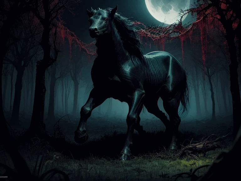 An eerie and sinister painting by Stefan Koidi of a stinky boggy swamp at midnight. A chorus of croaking bullfrogs and chirping insects travel loudly through the thick, hot and humid air as a full moon hangs low bathing the portentous scene in an ominous and haunting glow. Standing next to the waters edge is a large, malevolent black Kelpie horse; a trecheous water spirit creature from Scottish Celtic folklore. With its body faced forward, toward the water-it's head is turned slightly to its left, facing the viewer and glarring with an intense, piercing gaze from its vivid, glowing red eyes that instill feelings of unsurmountable terror and dread to all who meet the beasts' gaze. The horse Kelpie's flesh is rife with spots of sickening necrosis- large chunks of rotton flesh falling off and revealing leg bones, the ribcage, and a partially skeletal jawline. Twisted vines snake their way up crooked gnarled trees adorned with spanish moss and luminescent fungi clings to trunks of saturated trees, casting a baleful, sickly green glow upon the otherworldly place emphasizing the detailed horror elements, enhancing the haunting ambiance, creating a chilling scene.