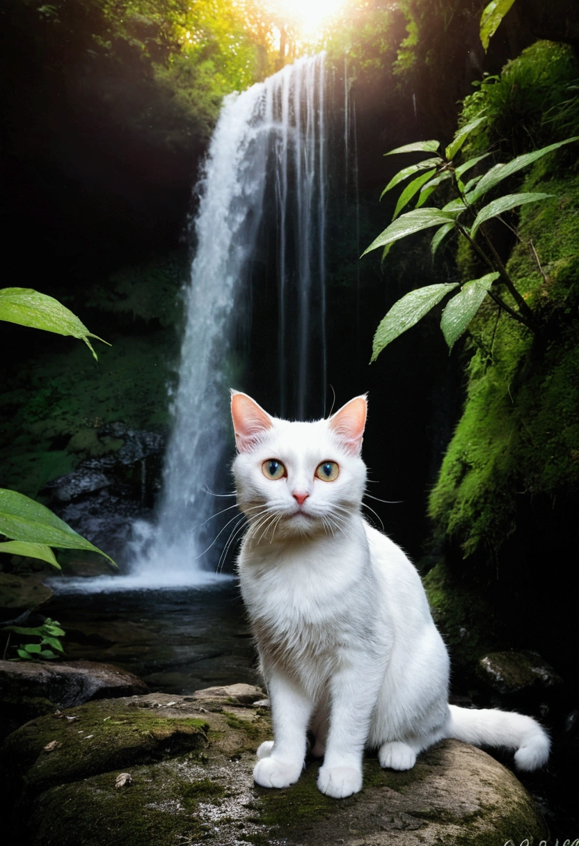 a beautiFul detailed Forest,detailed waterFall,camping détaillé,scenic italian Forest,detailed waterFall,heure d'or,heure d'or,mode manuel,grand angle,F/8,ISO 100,1/Vitesse d'obturation de 500,Objectif 10 mm,a cute white cat with big eyes in the waterFall
