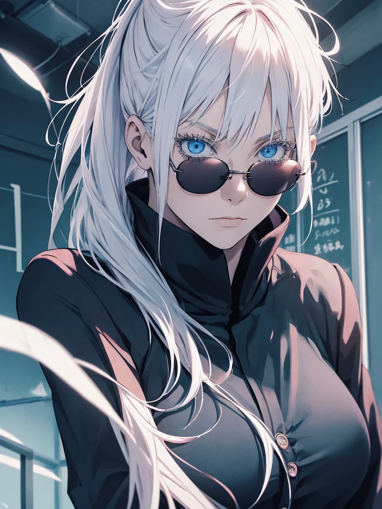 Woman, famale version, female, jujutsu kaisen, solo, alone, white hair, bangs, long hair, white eyebrows, white eyelashes, light blue eyes, wearing round sunglasses, wearing black shirt, black sleeves, black clothing, in classroom, school, high quality, 4k resolution, anime