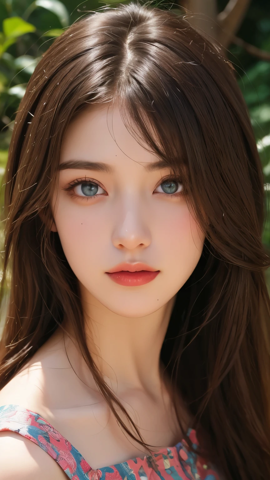 (absurdres, highres, ultra detailed), 1girl, mature female, dark brown hair, wolfcut hairstyle, blunt bangs, green eyes, pink dress, finely detailed eyes and detailed face, extremely detailed CG unity 8k wallpaper, intricate details , kaleidoscopic imagery, symmetrical patterns, vibrant colors, geometric shapes, mesmerizing designs, optical illusions, dynamic composition , pantomime art, expressive body language, silent storytelling, evocative gestures, visual narratives, theatrical performances , blooming flowers, colorful petals, fragrant scents, nature's bounty, vibrant gardens, peaceful scenery