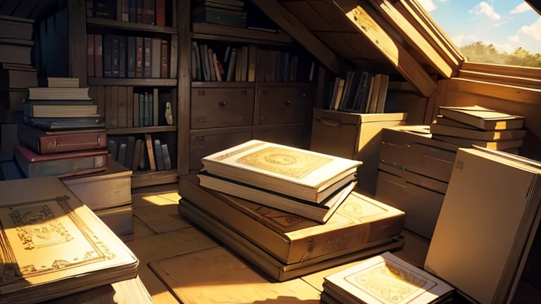 golden book on top of a pile of boxes in attic. Same environment as previous images.