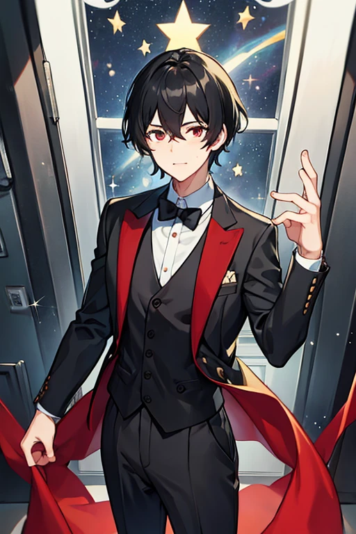 man, black hair with stars, White shirt, Red Waistcoat