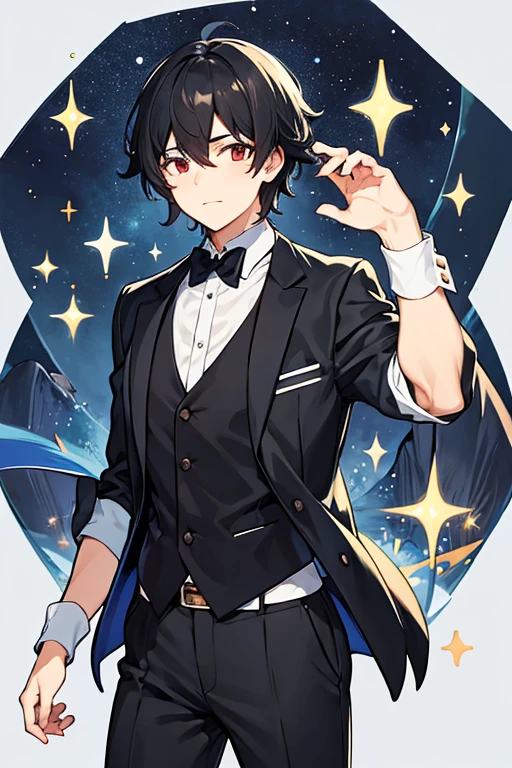 man, black hair with stars, White shirt, Red Waistcoat