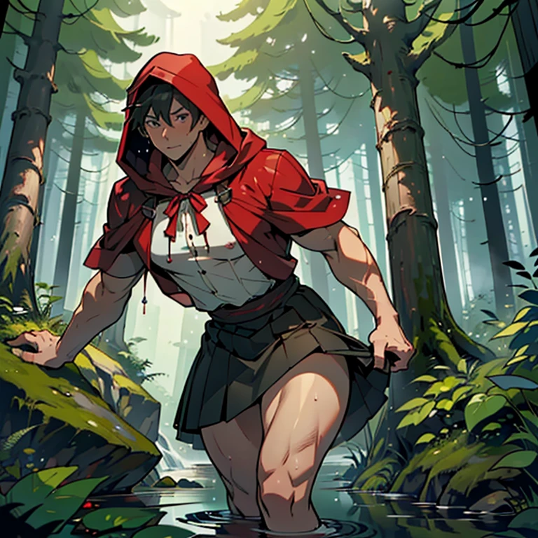 ((A male innocent version of red riding hood wearing short minimerotic dress)), NSFW, hentai, he is on his way to his grandma, (beautiful fairytale forest setting), he is lewd and lifting his skirt, ((bulge under the mini skirt)), ((dripping fat cock under the skirt)),