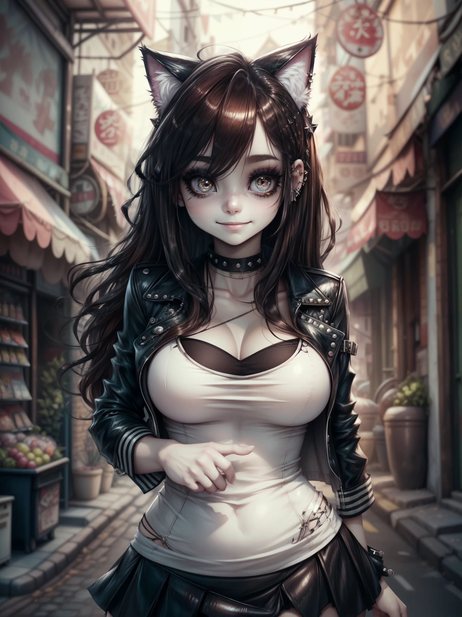 very young slim fit girl, at full height, (rounded face:1.2), very long disheveled dark brown hair, (big brown eyes:1.2), shy smile, perfect flat breast, band on head with fake cat ears, parororo, eyelashes, ariawm, accurate snub nose, (very long strand of hair between eyes:1.3), wearing a studded leather jacket and tulle skirt, with dramatic makeup, summer street, old city