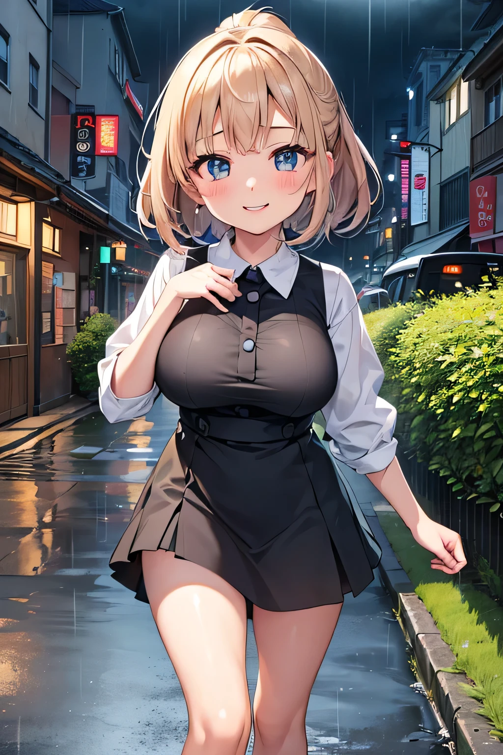 Highest quality、High resolution、Detailed Background、Artistic、mysterious、(Beautiful face in every detail:1.4)、Anatomically correct、(Normal number of fingers:1.2)、(Highly detailed face:1.2)、(Detailed eyes)、Teenage beauty、(Huge breasts:1.2)、Perfect body line、Light color hair、Braided bob cut、ponytail、Wavy Hairstyle、well-groomed eyebrows、
(A beautiful girl with a big smile on her face against the backdrop of a cityscape after the rain:1.5)、
On the asphalt after the rain、Fresh green leaves are reflected、Wood in the valley between skyscrapers々The leaves sway as if taking a deep breath.、The rhythm of the raindrops changes into the chirping of birds, and the whole town becomes lively.、It's like a green oasis has appeared in the city's concrete jungle.、
The young leaves shine against the backdrop of the buildings, adding color to the urban landscape.、The air after the rain is cool and comfortable、The steam rising from the asphalt mixes with the refreshing scent of new green leaves.、Reflected in the windows of a skyscraper、Sky after the rain and green wood々It's vivid to the eye、
The hustle and bustle of the city is enveloped in the chirping of birds and the murmuring of streams.、It sounds somehow nostalgic、
wood々The sound of raindrops running down the leaves and the sound of feet walking on the wet road create a pleasant rhythm.、
The cityscape shines as if it has been reborn.、
My heart, which had been feeling suffocated, felt a great sense of relief when I saw this scenery.、
You can feel the power of nature even in the hustle and bustle of the city.、cute
