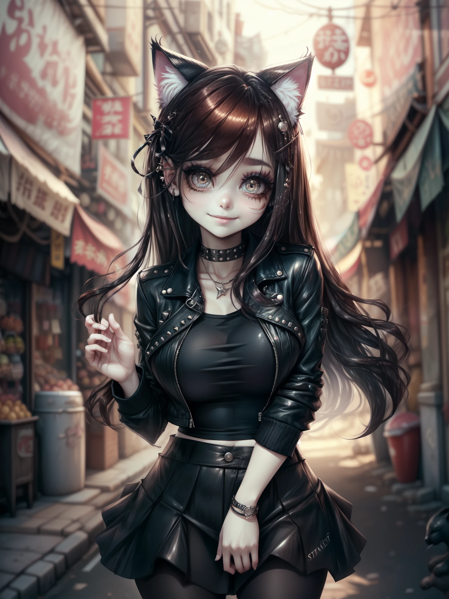 very young slim fit girl, at full height, (rounded face:1.2), very long disheveled dark brown hair, (big brown eyes:1.2), shy smile, perfect flat breast, band on head with fake cat ears, parororo, eyelashes, ariawm, accurate snub nose, (very long strand of hair between eyes:1.3), wearing a studded leather jacket and tulle skirt, with dramatic makeup, summer street, old city