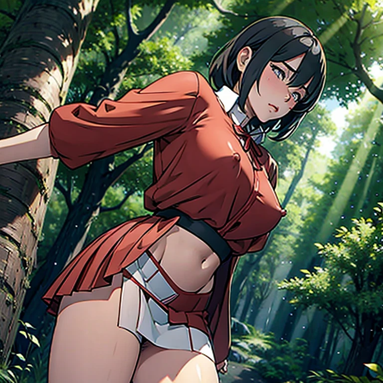 ((A male innocent version of red riding hood wearing short minimerotic dress:0.2)), NSFW, hentai, he is on his way to his grandma, (beautiful fairytale forest setting), he is lewd and lifting his skirt, ((bulge under the mini skirt)), 
