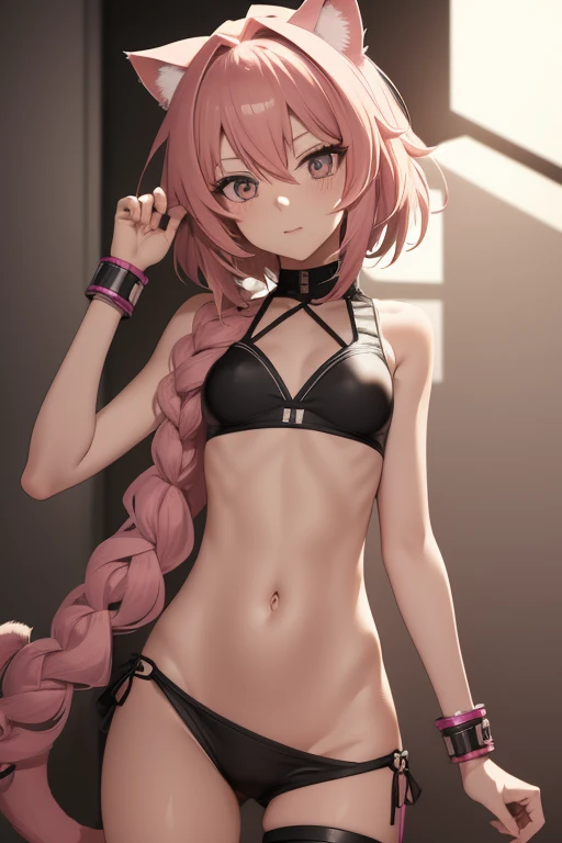 (anime boy, astolfo, very feminine features, slim sexy female body, Pectorals, not breasts, short hair alborotado puntiagudo, very messy hair, very pink hair ,long braid up to the waist, lock of white hair on left side), very feminine features, slim sexy female body, flat chest, short hair, has cat ears and tail. he doesn't have human ears., hot pink hair and violet eyes. Dressed in orange and black sci-fi leather pilot suit., short jacket. very big bulge in pants.