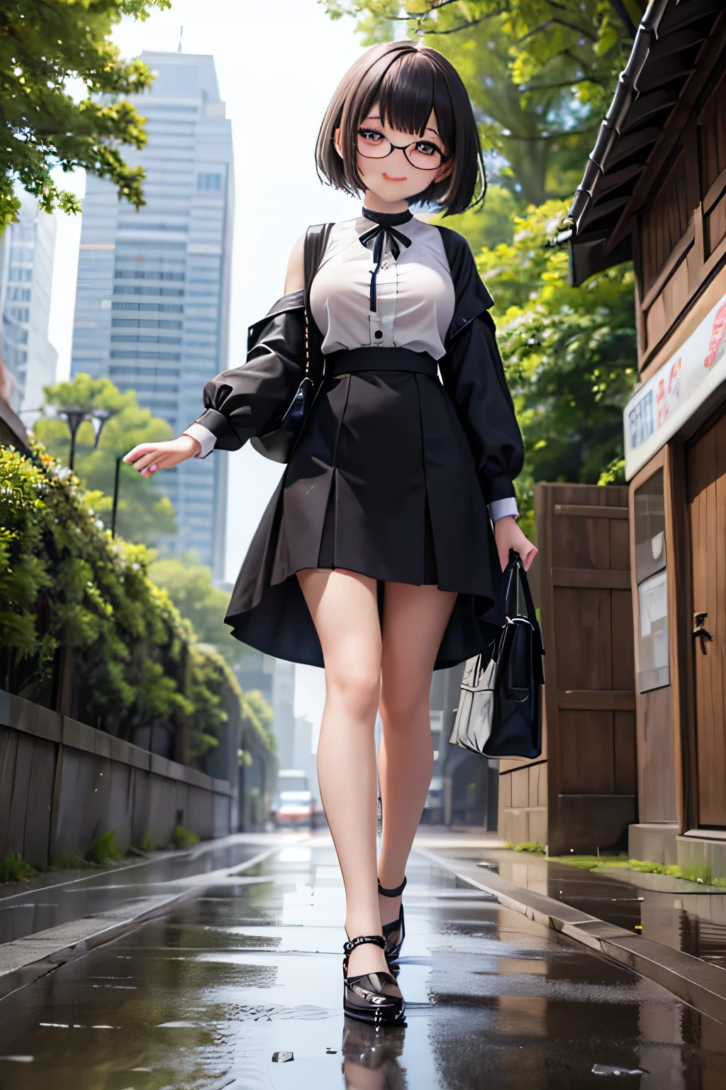 Highest quality、High resolution、Detailed Background、Artistic、mysterious、(Beautiful face in every detail:1.4)、Anatomically correct、(Normal number of fingers:1.2)、(Highly detailed face:1.2)、(Detailed eyes)、Teenage beauty、(Huge breasts:1.2)、Perfect body line、Glasses、Light color hair、Braided bob cut、ponytail、Wavy Hairstyle、well-groomed eyebrows、

(A beautiful girl with a big smile on her face against the backdrop of a cityscape after the rain:1.5)、

On the asphalt after the rain、Fresh green leaves are reflected、Wood in the valley between skyscrapers々The leaves sway as if taking a deep breath.、The rhythm of the raindrops changes into the chirping of birds, and the whole town becomes lively.、It&#39;s like a green oasis has appeared in the city&#39;s concrete jungle.、
The young leaves shine against the backdrop of the buildings, adding color to the urban landscape.、The air after the rain is cool and comfortable、The steam rising from the asphalt mixes with the refreshing scent of new green leaves.、Reflected in the windows of a skyscraper、Sky after the rain and green wood々It&#39;s vivid to the eye、

The hustle and bustle of the city is enveloped in the chirping of birds and the murmuring of streams.、It sounds somehow nostalgic、
wood々The sound of raindrops running down the leaves and the sound of feet walking on the wet road create a pleasant rhythm.、
The cityscape shines as if it has been reborn.、
My heart, which had been feeling suffocated, felt a great sense of relief when I saw this scenery.、
You can feel the power of nature even in the hustle and bustle of the city.、cute