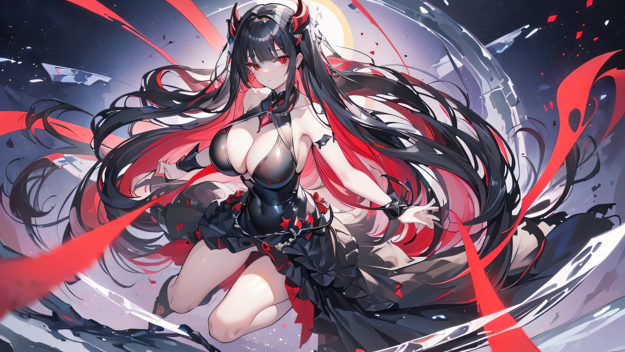 Exquisite eyes),(Clear and beautiful eyes:1.61),masterpiece, ung girl,(Black clothes and some red gems), Black long hair, (She has a huge red gem on her chest), Good Hand,((The Havoc of StarCraft)),full-body shot,Fighting Stance,(Red Eyes:1.466)，short and small,(Very big breasts:1.35),(Pretty Face),(full-body shot:1.33),Beautiful hands