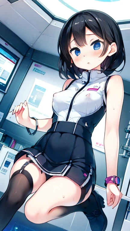 (Highest quality), (masterpiece), 1080P, High resolution, 4K, 8k, Inside the space station、Futuristic room、Thigh straps, Shooting from directly below, The woman on top of me, Nipples, 白いSweat, Covered , Sweat, Woman looking down, Skirt swimsuit, Thigh-high socks, To achieve this, , , whole body, Black leather shoes, Braided hair, Inner Color, Embarrassed face, Short black hair, bracelet, Bedroom,celestial body_Vest