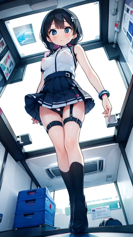 (Highest quality), (masterpiece), 1080P, High resolution, 4K, 8k, Inside the space station、Futuristic room、Thigh straps, Shooting from directly below, The woman on top of me, Nipples, 白いSweat, Covered , Sweat, Woman looking down, Skirt swimsuit, Thigh-high socks, To achieve this, , , whole body, Black leather shoes, Braided hair, Inner Color, Embarrassed face, Short black hair, bracelet, Bedroom,celestial body_Vest