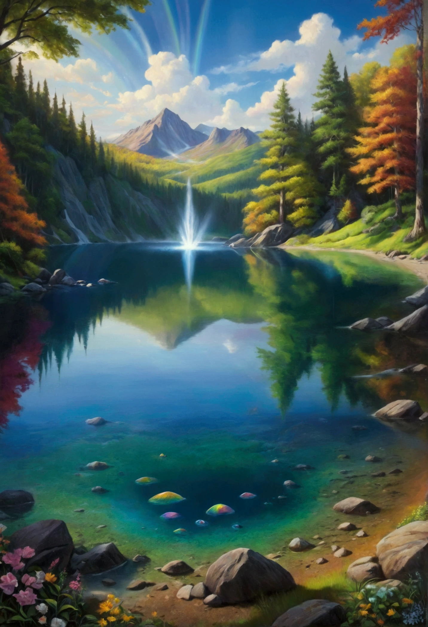a photorealistic painting of'a crystal clear lake with a rainbow unfolding on its surface, projecting a vibrant range of colors. Lush green forests surround the lake, et une légende murmure des pouvoirs mystiques cachés dans ses profondeurs. --at 6.0 --with 9:16