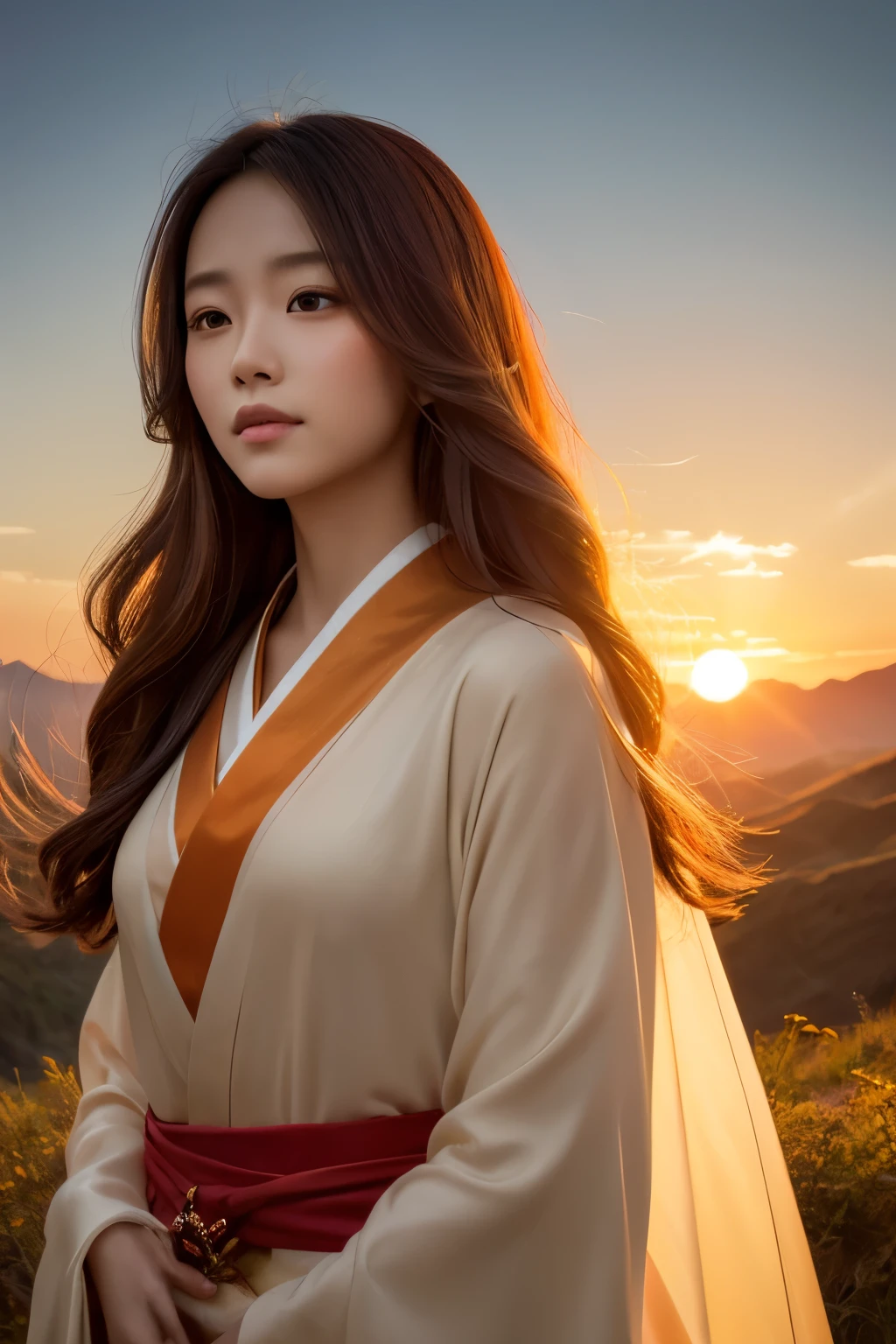 Hyperrealistic beautiful woman, Asahimi yokai, dawn personification
Genre: Fantasy, Japanese folklore
Style: Hyperrealism, Digital painting

Main subject:
- Young beautiful Japanese woman
- Long flowing hair with sunrise colors (golden, orange, red highlights)
- Ethereal, semi-transparent body
- Wearing a elegant kimono with sun and cloud patterns
- Radiant, glowing skin

Background:
- Misty mountain landscape at dawn
- Rising sun peeking over the horizon
- Soft, warm light illuminating the scen